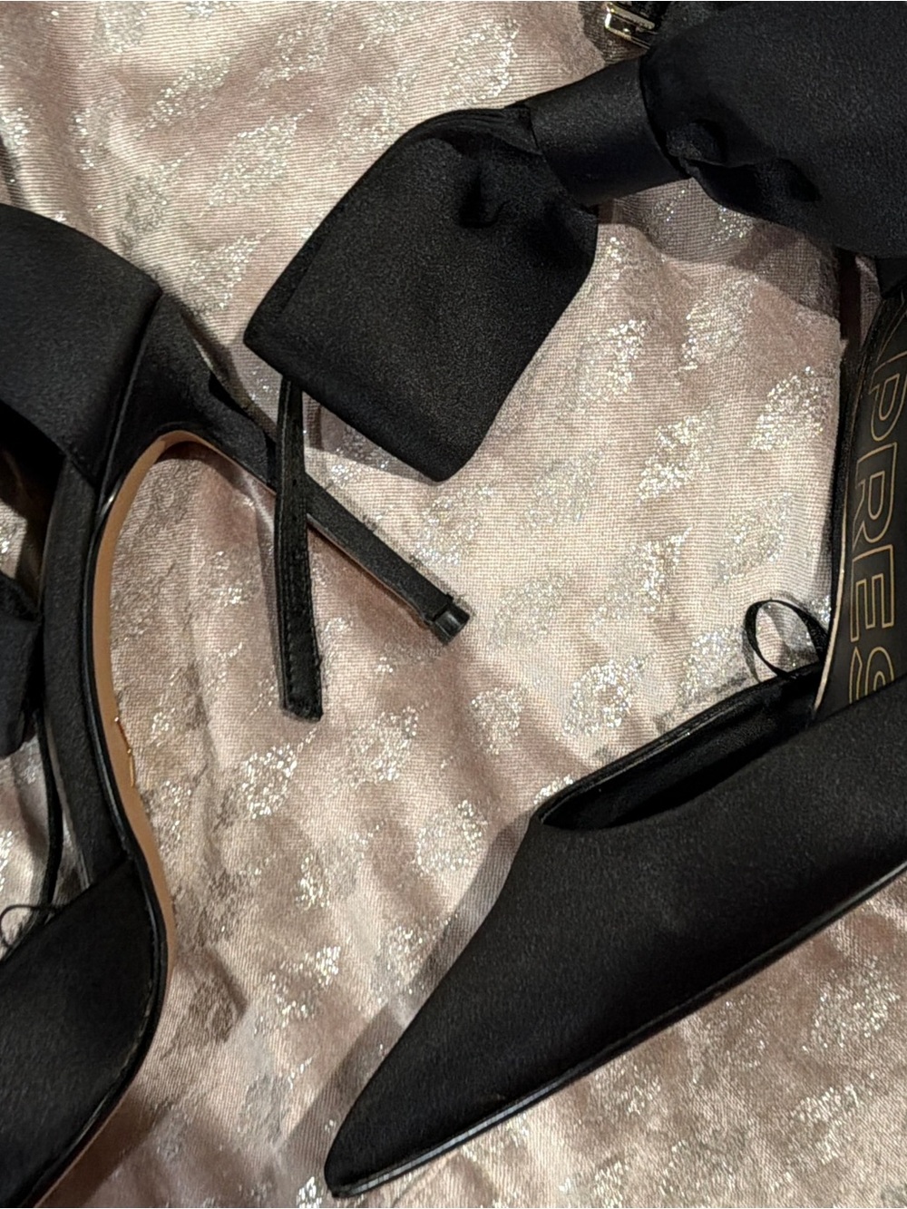 Express Black Satin Pointed-Toe Heels with Bow and Ankle Strap. Bow dress listed